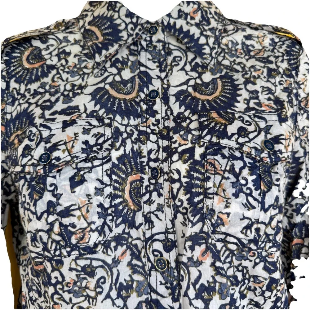 Tory Burch Blouse Cotton‎ Vines Floral Button Up Sz 2 Boho Hippie Festival